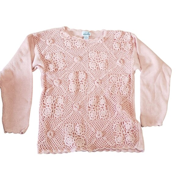 Vintage Pink Knit Crochet Floral‎ Sweater Grannycore Casual Boho Chic Classic - Picture 7 of 9